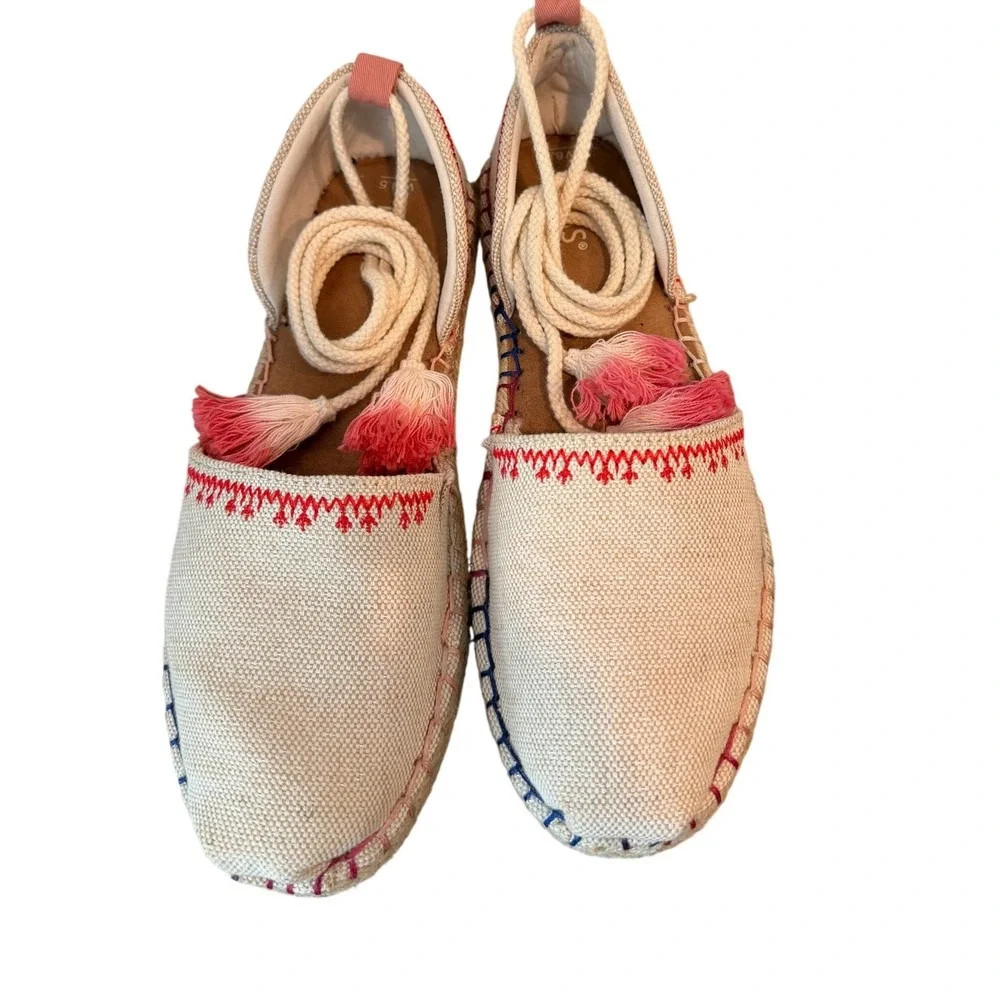 TOMS Valencia Espadrille Flats Cream Canvas Ankle Tie Tassel Womens 8.5